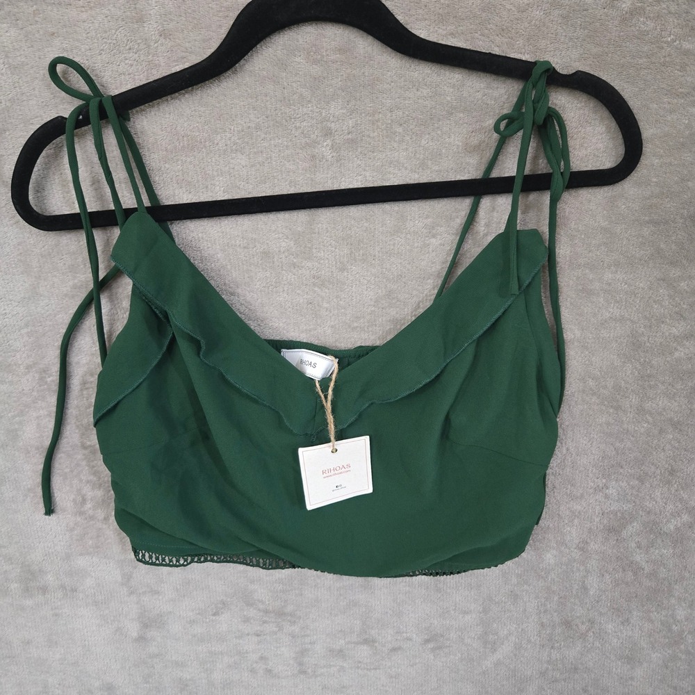 RIHOAS Crop Top Women Medium Forest Green Ruffle Crochet Hem Chiffon‎ Festival